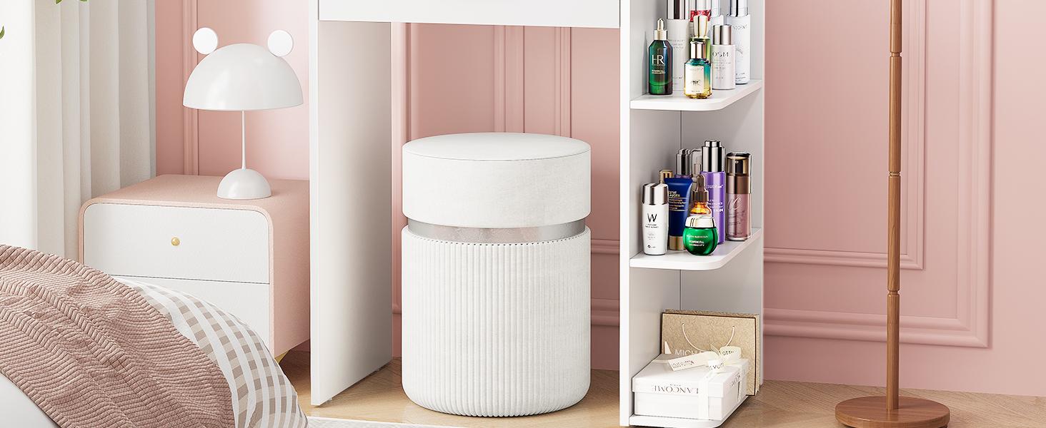 Makeup Vanity Desk with Mirror and Lights, 26.4”Small Vanity Mirror with Lights with Large Drawer and 6 Level Storage, White Vanity with Large Led Mirror with 3 Color Lighting Modes