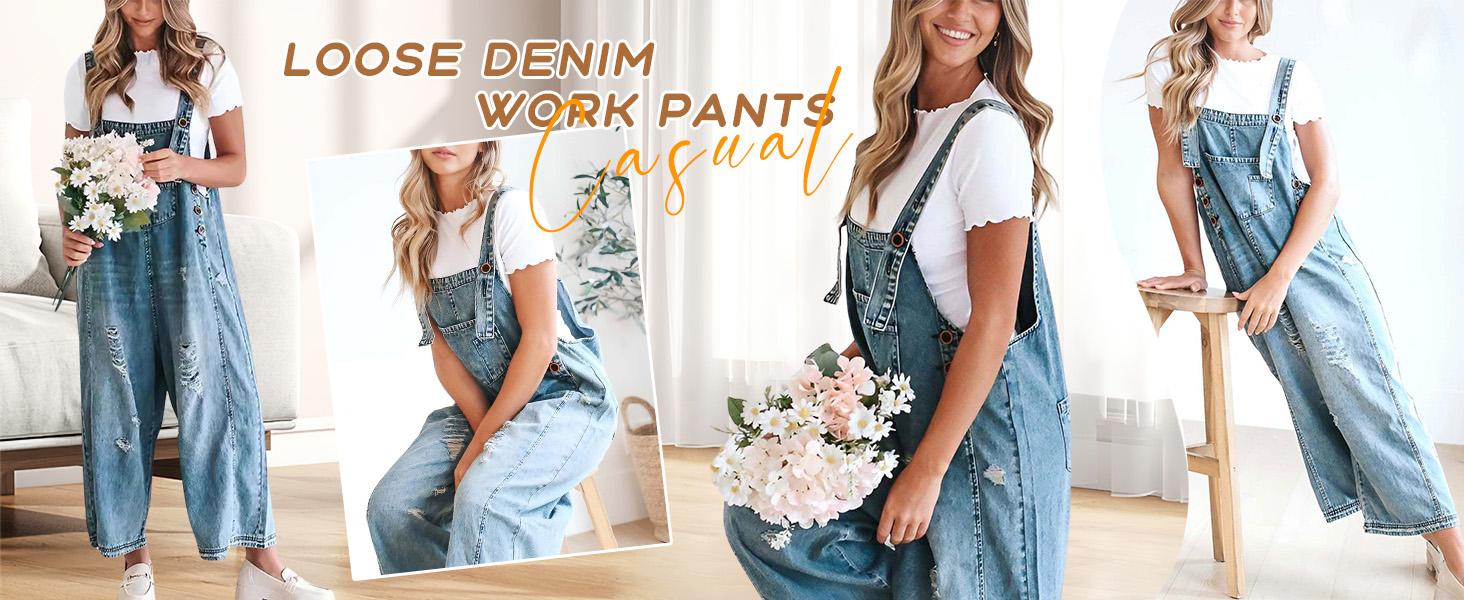 Chouyatou Women Loose Adjustable Strap Denim Bib Overall Jeans Distressed Wide Leg Baggy Overalls Jumpsuit SpringStatements