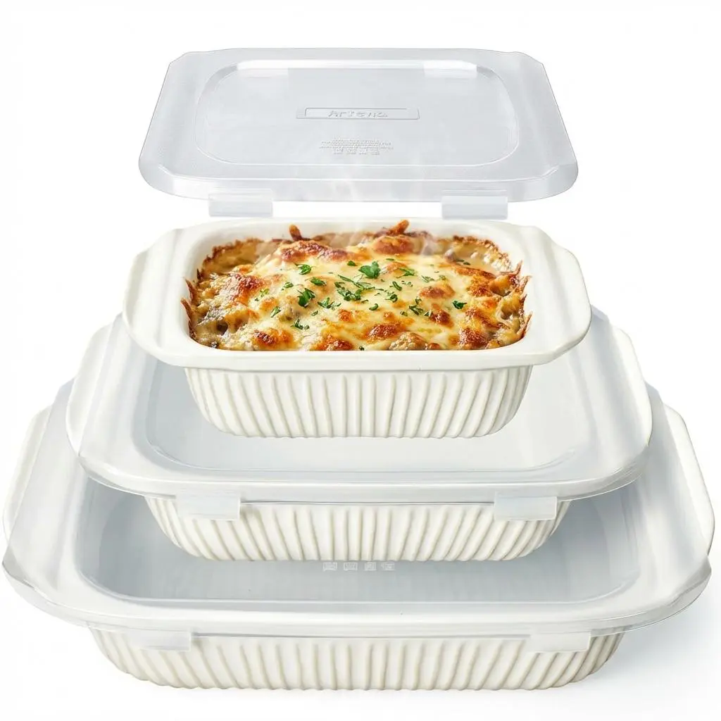 Ceramic Casserole Bakeware Set - Rectangular Deep Oven-Safe Lasagna Baking Dish with Handles, Lids, Kitchen Essential Bakeware Item