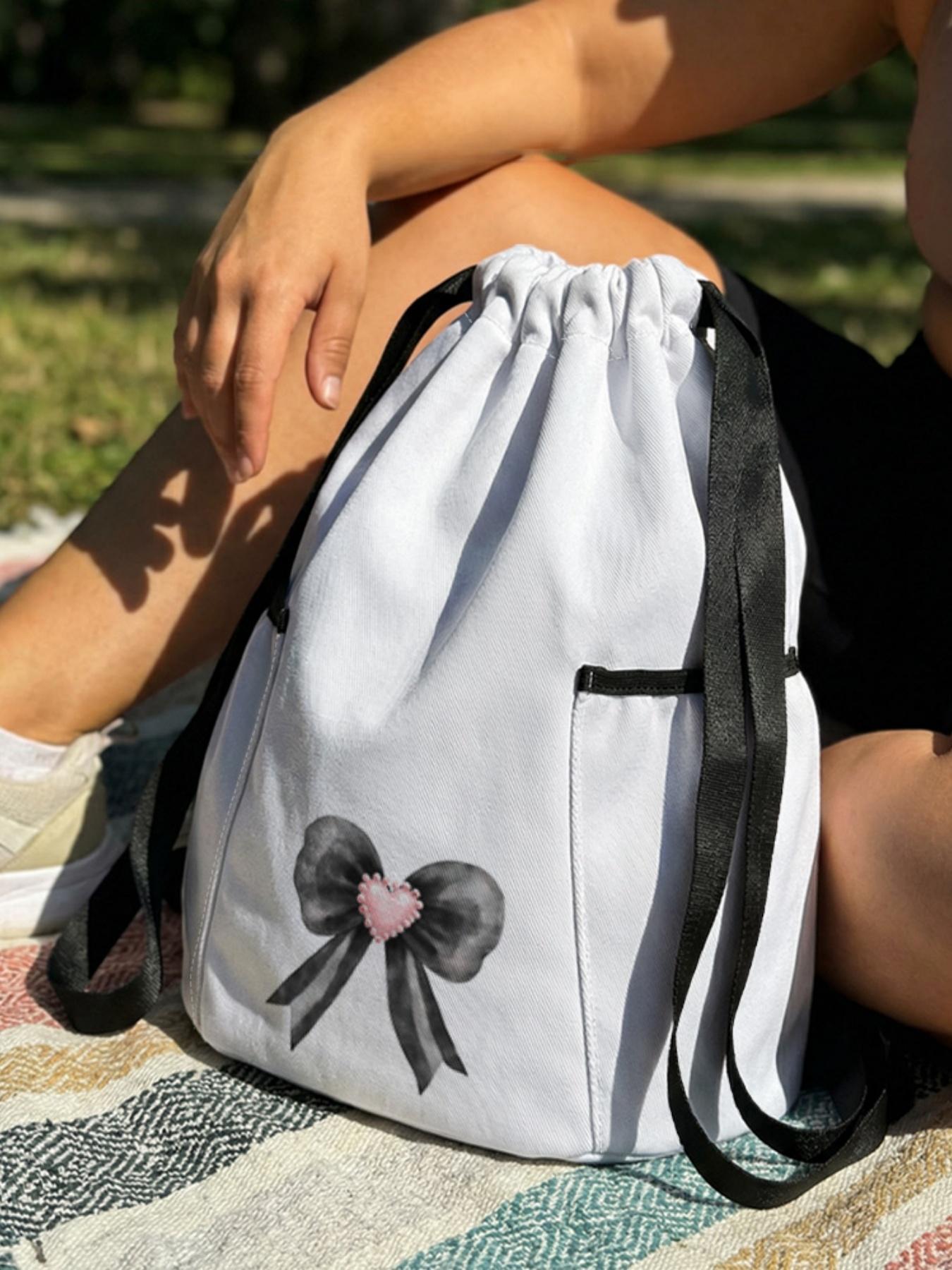 1 piece of bow pattern 2D printed drawstring backpack - large capacity durable fitness bag, Outdoor Sports Bag, with adjustable shoulder straps, suitable for both men and women, essential for travel, hiking, camping
