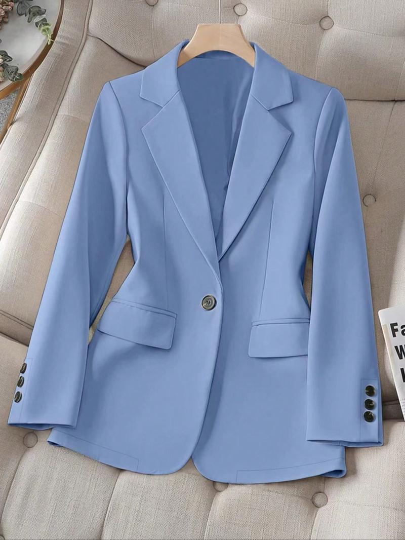 Women's Spring & Fall Solid Color Lapel Long Sleeve Single Button Casual Commuter Blazer Jacket, Fitted Plain Design Women's Spring & Fall Solid Color Lapel Long Sleeve Single Button Casual Commuter Blazer Jacket, Fitted Plain Design