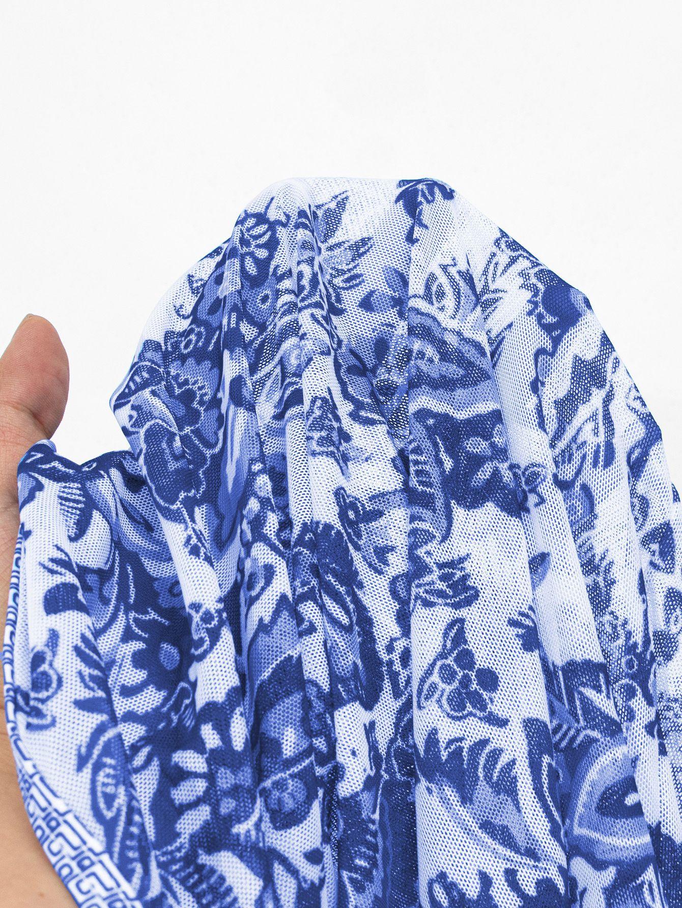 Women's Blue Paisley 3-Piece Swimsuit Set with Cover Up - Halter Bikini & Maxi Beach Cover Up for Summer Vacation,#ResortWear & Poolside Outfits,Floral triangle cup camisole dress, bikini three-piece swimsuit