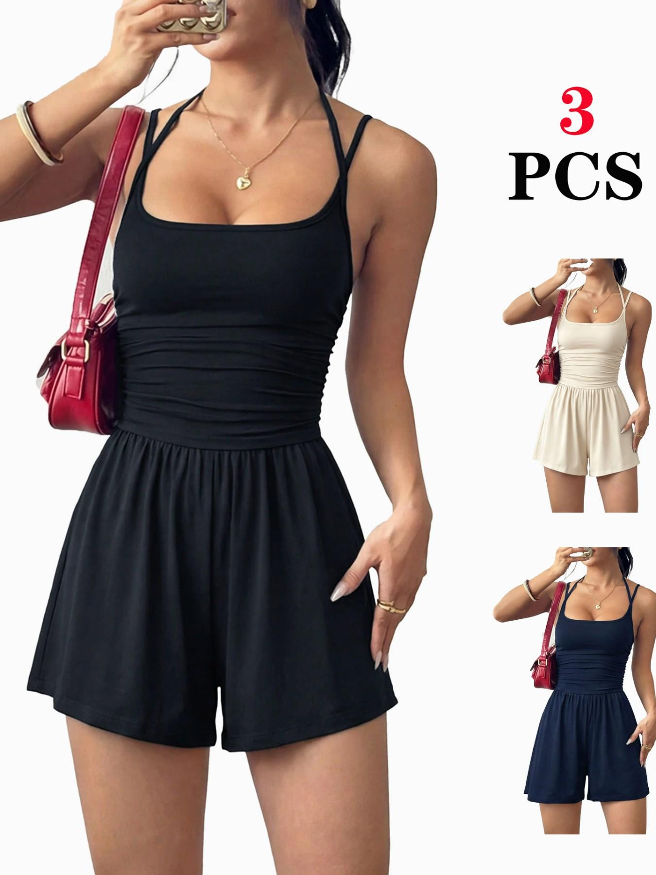 Women's 2026 Versatile Casual Fitted Backless Jumpsuit, Spaghetti Strap Smocked Bodice Flattering Slim Fit Elegant One-Piece Romper for Club Evening Date Vacation Daily Wear