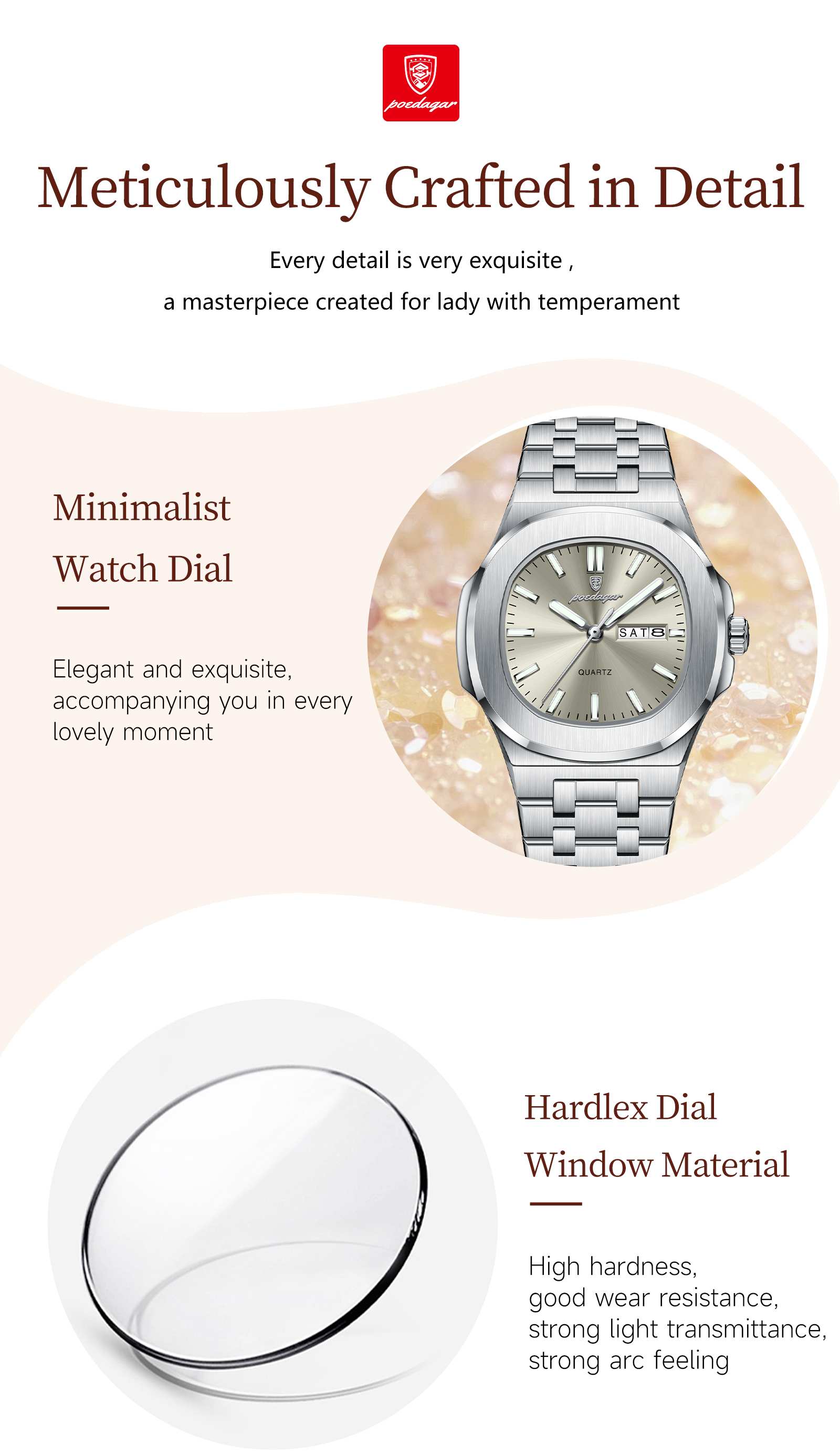 POEDAGAR Top Original Watch Night Light Date Modern Waterproof Watch Stainless Steel Quartz Women's Watch