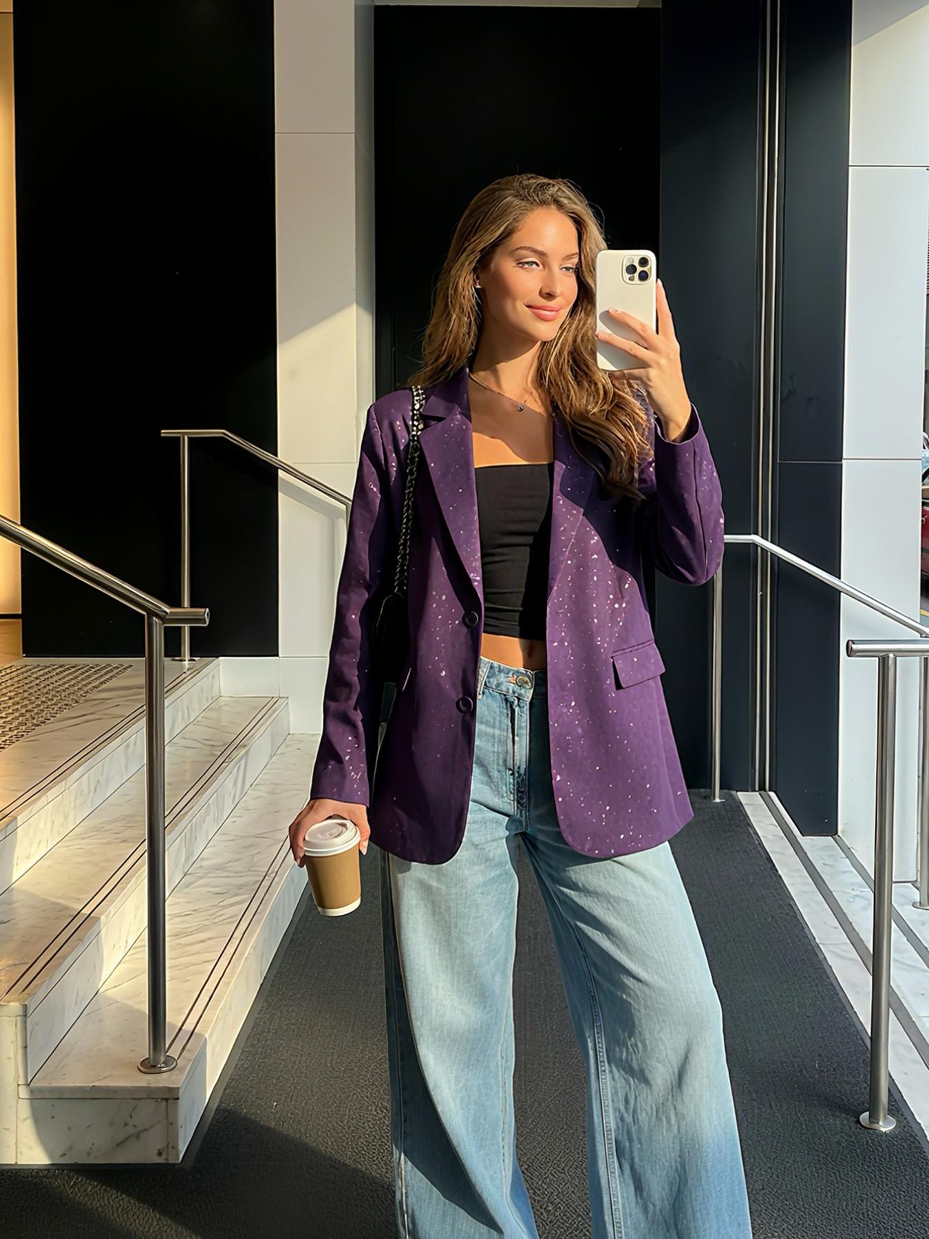 Women's Oversize Lapel Commuter Jacket, Embossed Elegant Loose Fit Design, Spring New Collection, Perfect for Daily Wear