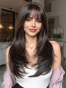 Long Straight Synthetic Wig with Bangs, 24 Inch Layered Women's Wig, Straight Layered Wigs, Heat Resistant, Suitable for Daily Commuting