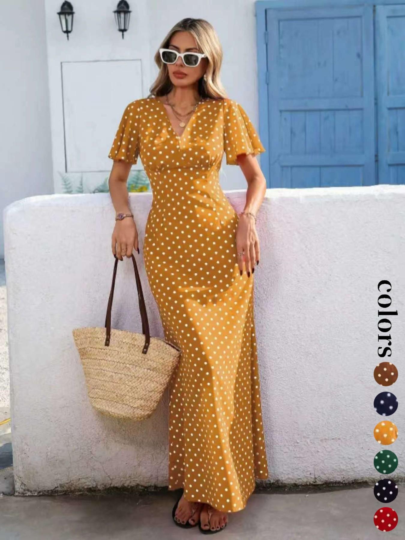 Women's Bohemian Polka Dot Pattern V-Neck Short Sleeve Long Dress for Vacation, Casual Fashion New European and American Style