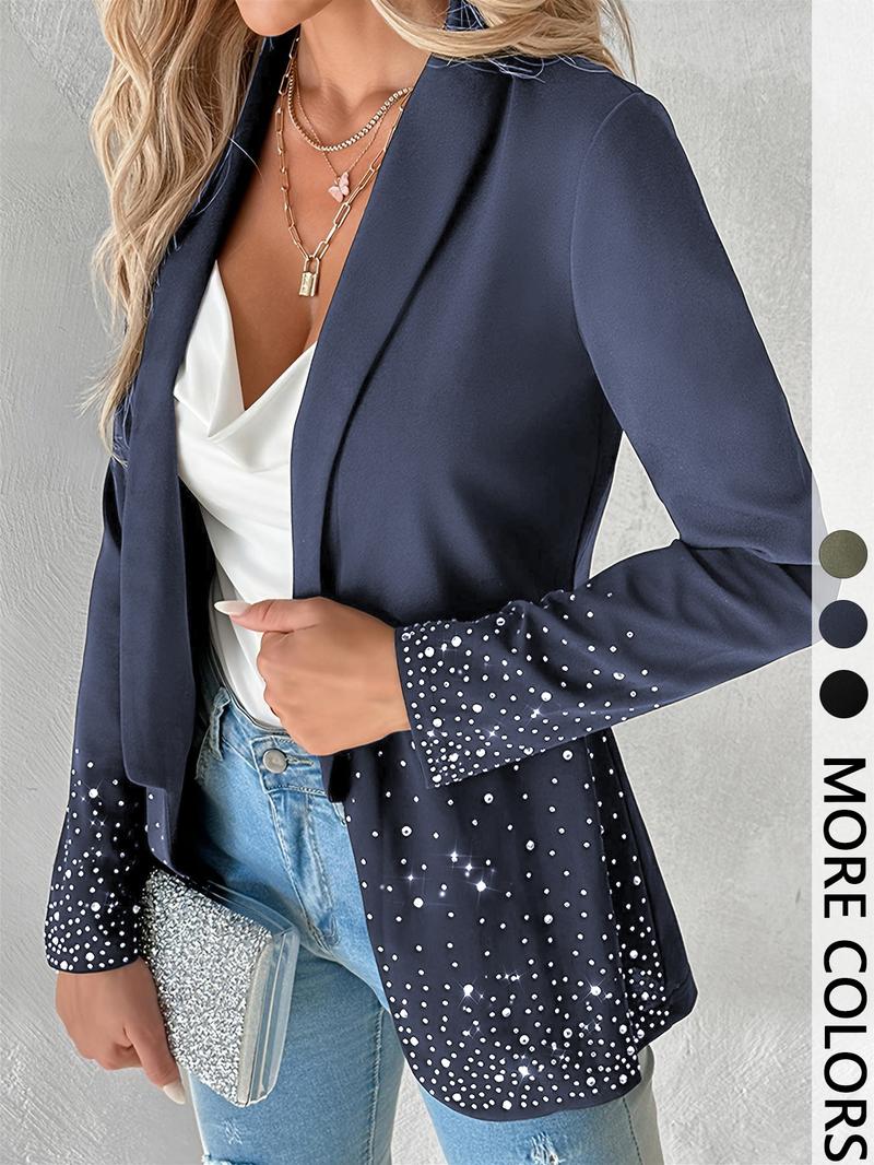 Women's Plain Long Sleeve Blazer Jacket, Elegant Water Drill Decoration, Stylish Business Casual Outerwear for Women