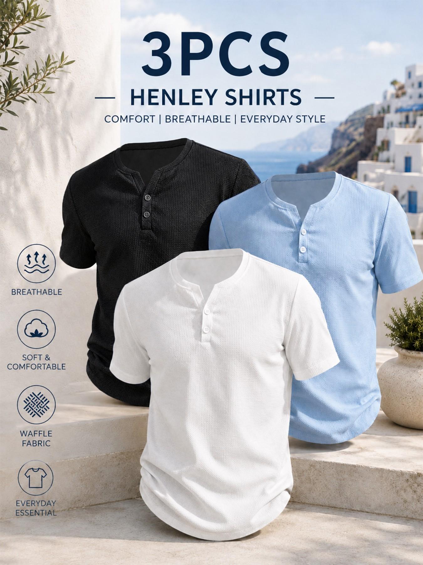 3pcs Men’s Waffle Knit Henley Shirt, Textured 2-Button Casual T-Shirt, Lightweight Breathable Summer Top, Slim-Fitting Long Sleeve, Menswear