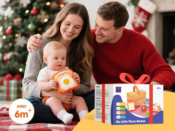 Hahaland Baby Toys 6-12 Months – Picnic Basket Sensory Toy with Crinkle, Rattles, Teether & Mirror, Montessori Play Food Plush for Early Development, Baby Shower Gift for 1+ Years Boys & Girls