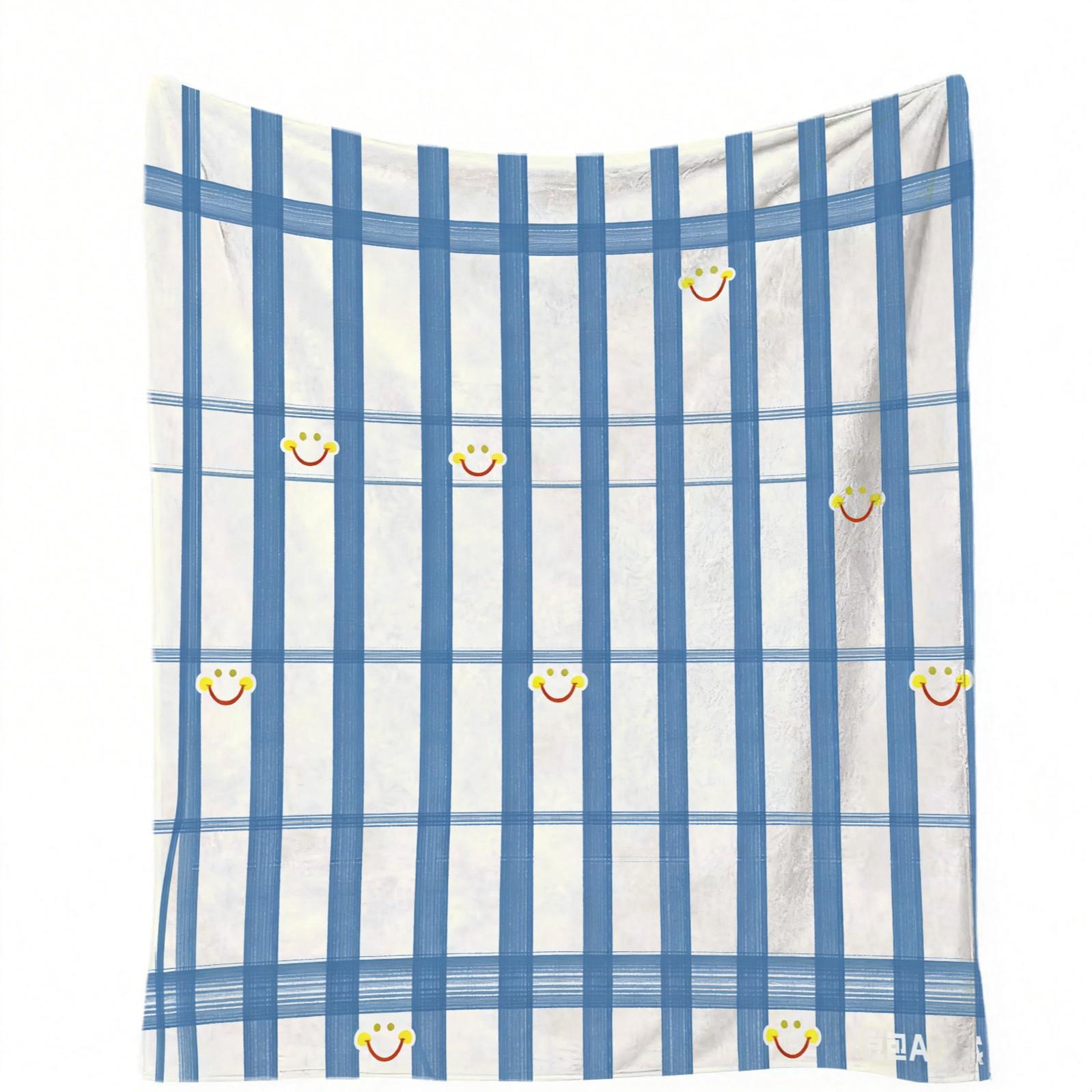 Smiley Grid Pattern Plush Blanket, Soft Warm Lightweight, Ideal for Bed Sofa Car Room Decor, Perfect Moving Holiday Gift