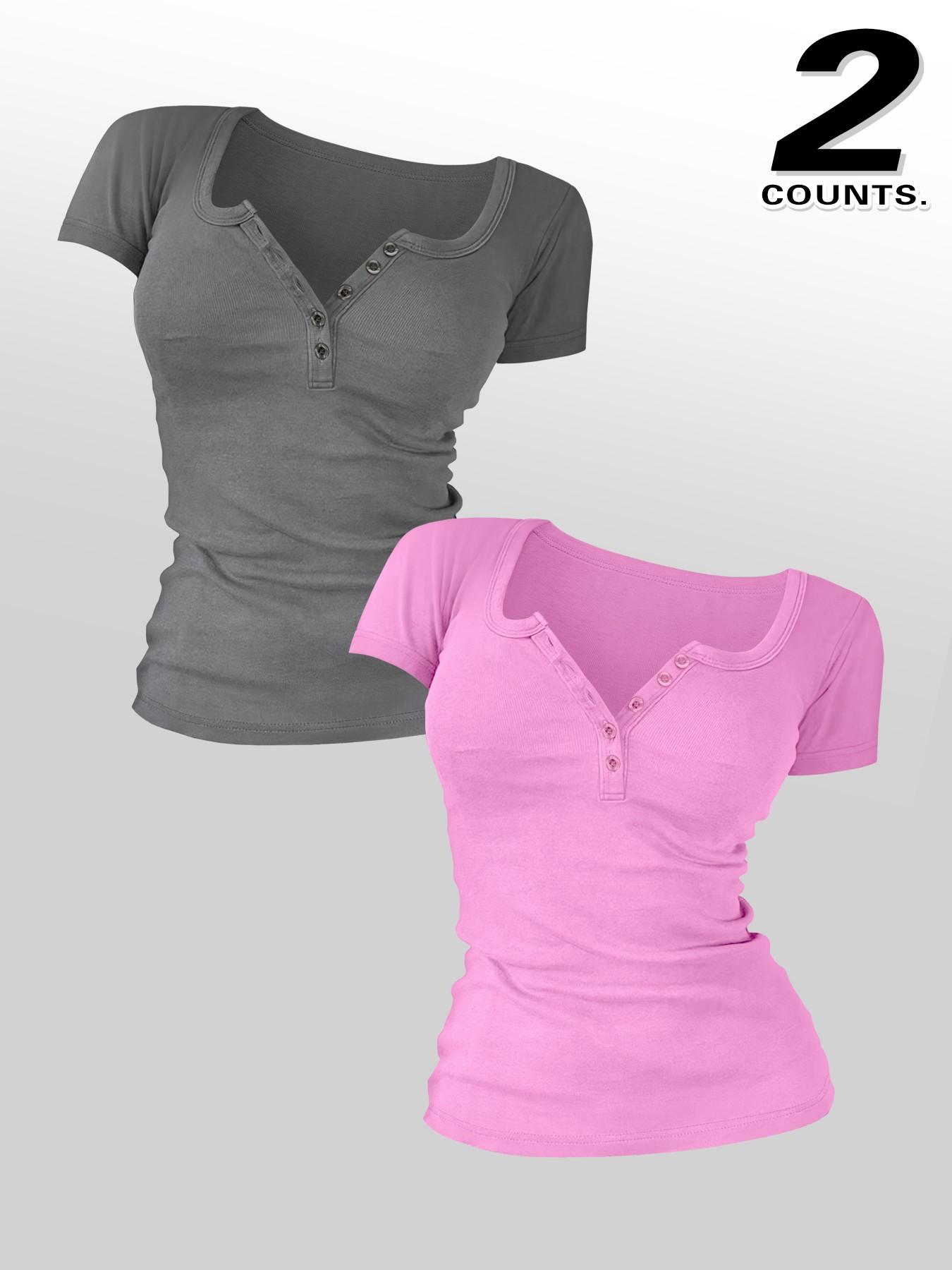 Women's Solid Color Button V-Neck Tee, Casual Short-Sleeve T-Shirt Top for Summer Daily Wear, Ladies Clothes