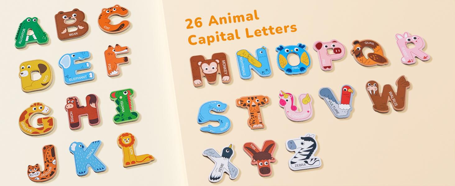 JoyCat Wooden Thick Alphabet Fridge Magnets, Large Size Cute Animals Fruits Colorful ABC Magnetic Letters 26 Uppercase Letters and 0-9 Numbers Toy Set