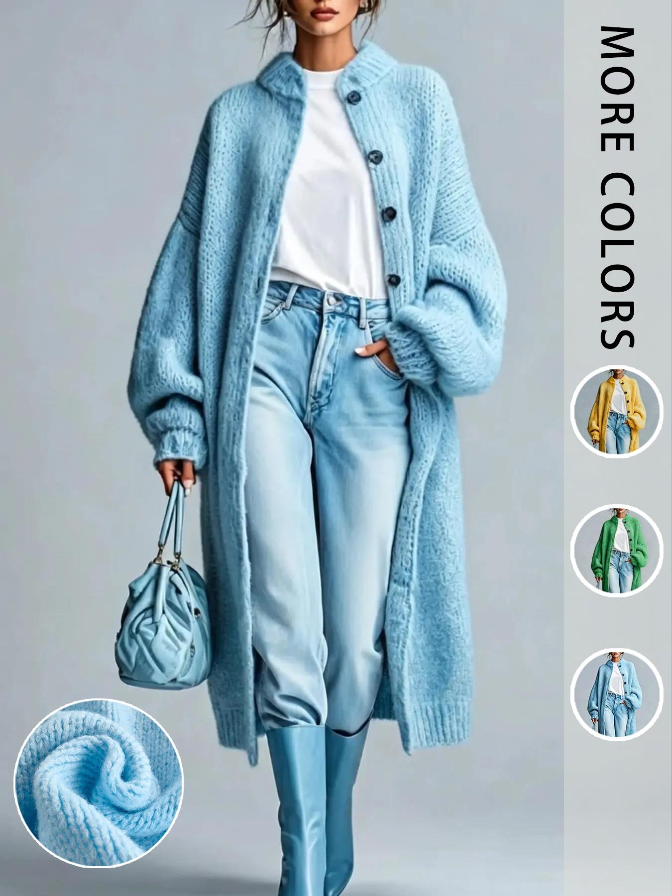 Women's Solid Color Casual Long Knit Cardigan, Button Stand Collar Long Sleeve Fall & Winter Loose Oversize Sweater Coat, Comfortable Outerwear