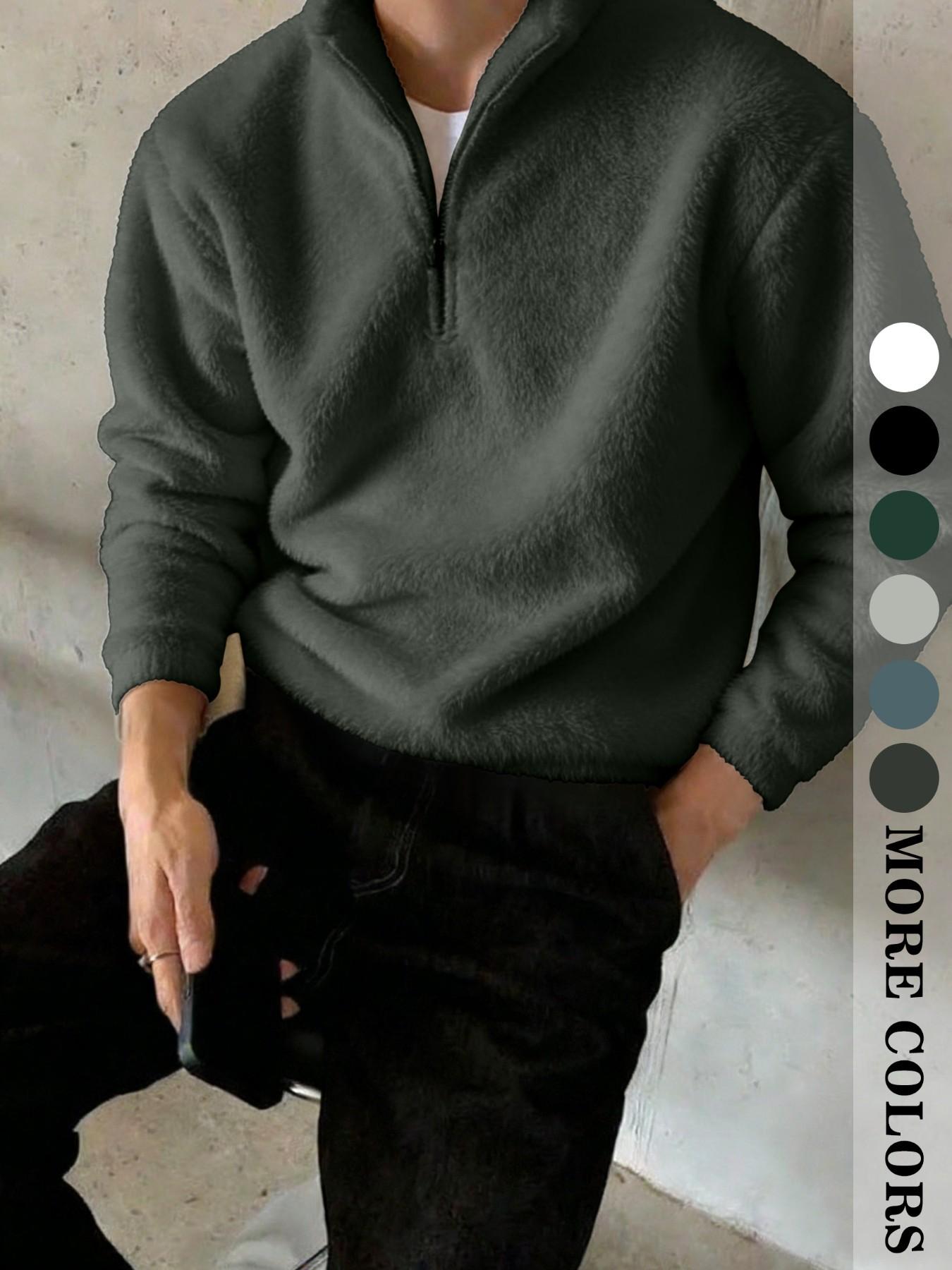 Men's Quarter Zip Fleece Pullover Sweatshirt, Solid Color Plain Long Sleeve, Casual Style, Perfect for Daily Wear and Outdoor Activities