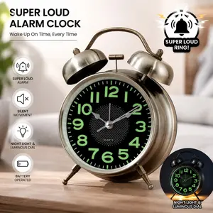 Loud Metal Alarm Clock with Night Light, Silent Movement, Large Face Design, Perfect for Students and Office Workers, Bedside Table Clock, Analog Clock