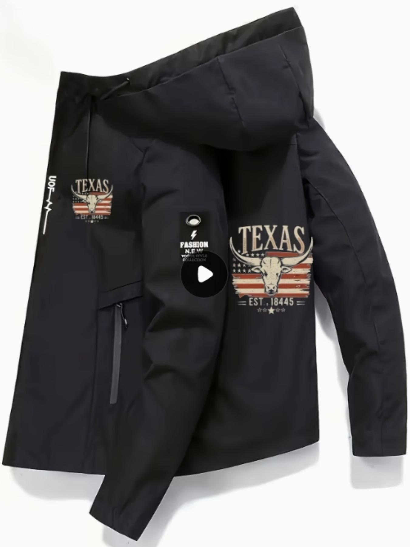Men's Texas Pride Hooded Jacket, Light Blue Bomber Coat, Usa Flag Print, Zipper Design, Long Sleeve, Polyester Lining, Casual Style