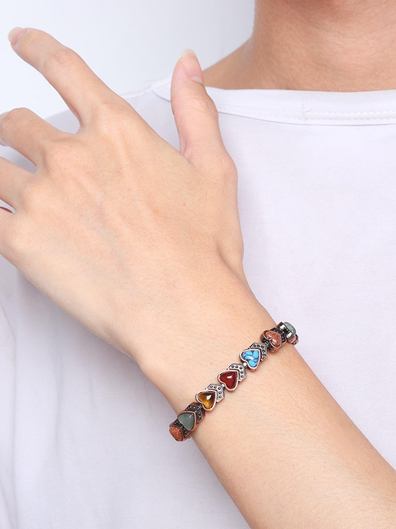 Vintage Magnetic Therapy Bracelet for Women, Couple Sleep Aid Wristband, Solid Copper, Multicolor Stones, Fashion Retro Jewelry