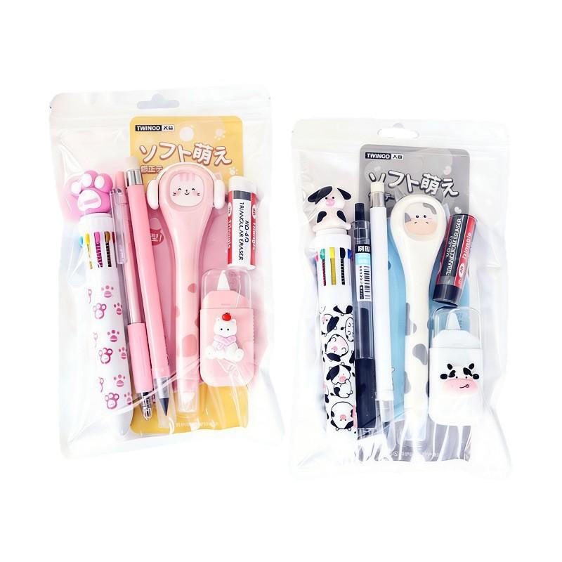 6/12 pcs Creative Theme Stationery Set, Includes Ten Color Pens, Eraser, Neutral Pen, Pencil, Correction Tape, Cow and Cat Themes, Multifunctional Writing Tools, Ballpen Set, Perfect Office & Study Supplies for Children's Day gift