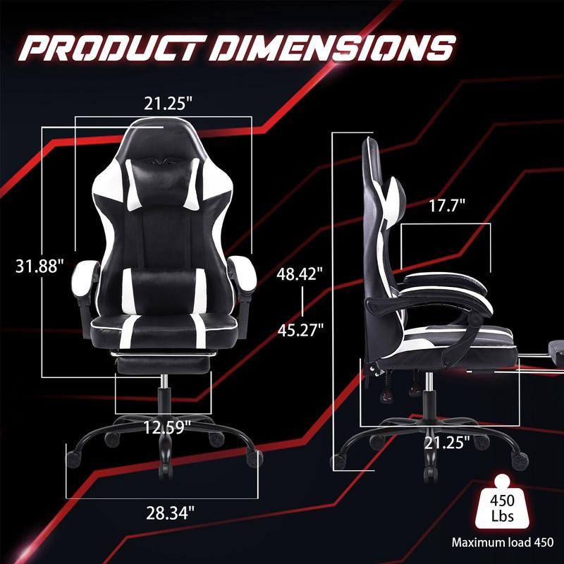 Bellemave Video Game Chairs for Adults PU Leather Gaming Chair with Footrest 360°Swivel Adjustable Lumbar Pillow Comfortable Computer Chair Ergonomic Design