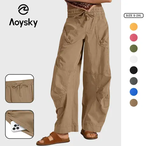 Aoysky Women's Casual Minimalist High-Waisted Loose Wide-Leg Pants - Adjustable Drawstring Waist, Pockets, Clothing for Back to School First Day Outfits (Do Not Dry Clean)