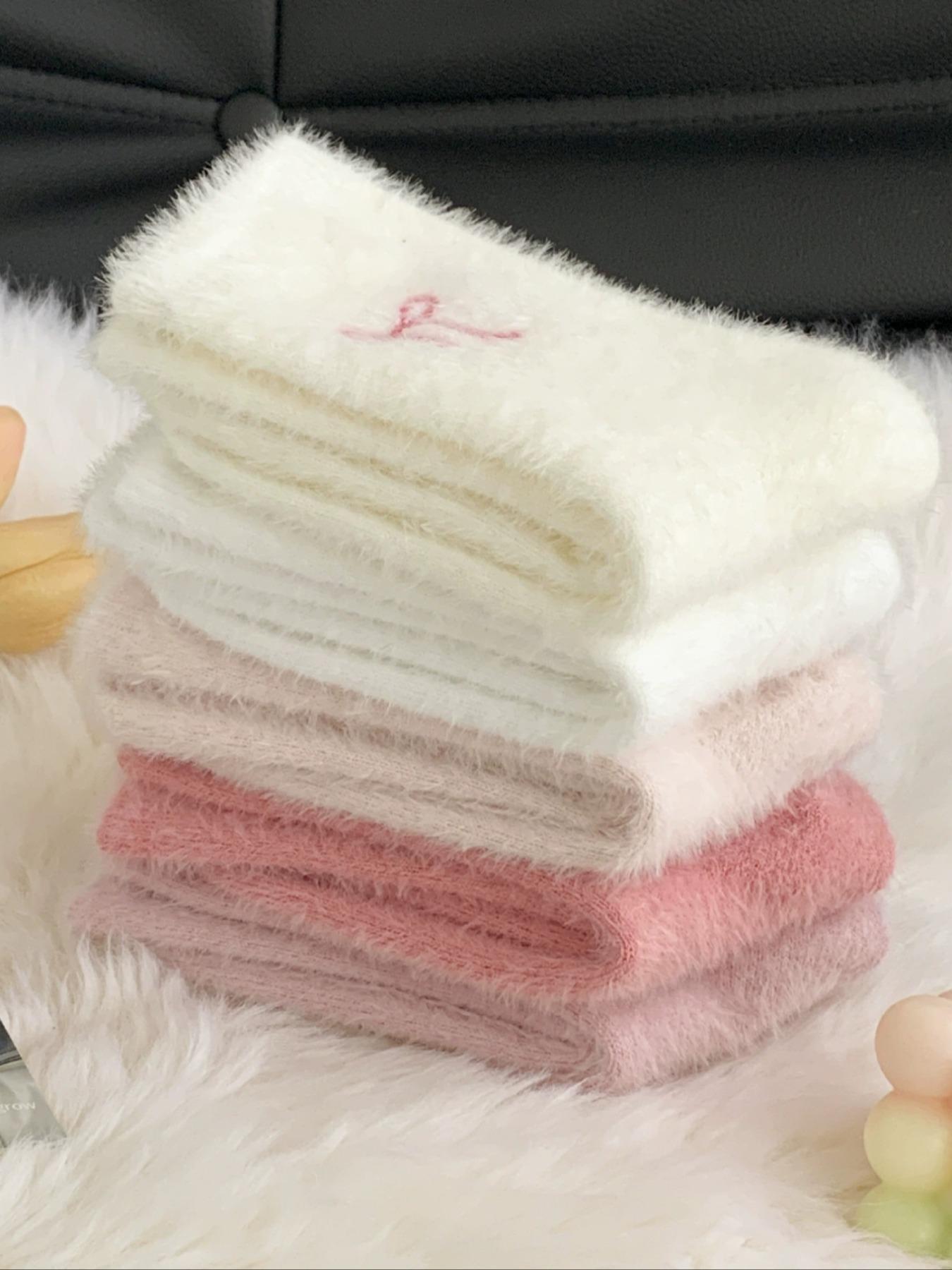 Women's Winter Waterfall Bow Plush Soft Comfy Socks, Cute Sweet Mid-Calf Thick Warm Sleep Socks, Puffy Cartoon Pattern, Loose-Fitting Kint Fabric