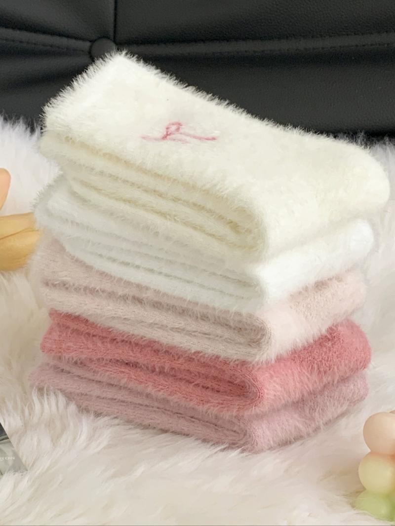 Women's Winter Socks Set, 5 Pairs Faux Fur Butterfly Knot Design, Cute Sweet Mid-Calf Sleepwear Warm Thickened Soft Comfy Socks for Women