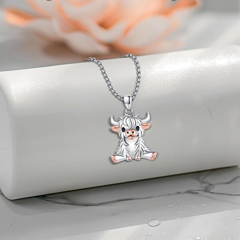 DRINSPER Highland Cow Jewelry 925 Sterling Silver Pendant Necklace & Ring Cute Highland Cow Open Ring Highland Cow Jewelry