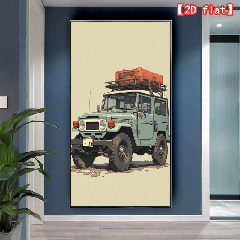 2D flat large best-selling decorative painting, off-road vehicle with luggage, ready for adventure. Canvas painting without frame, suitable for living room, office, indoor background decoration