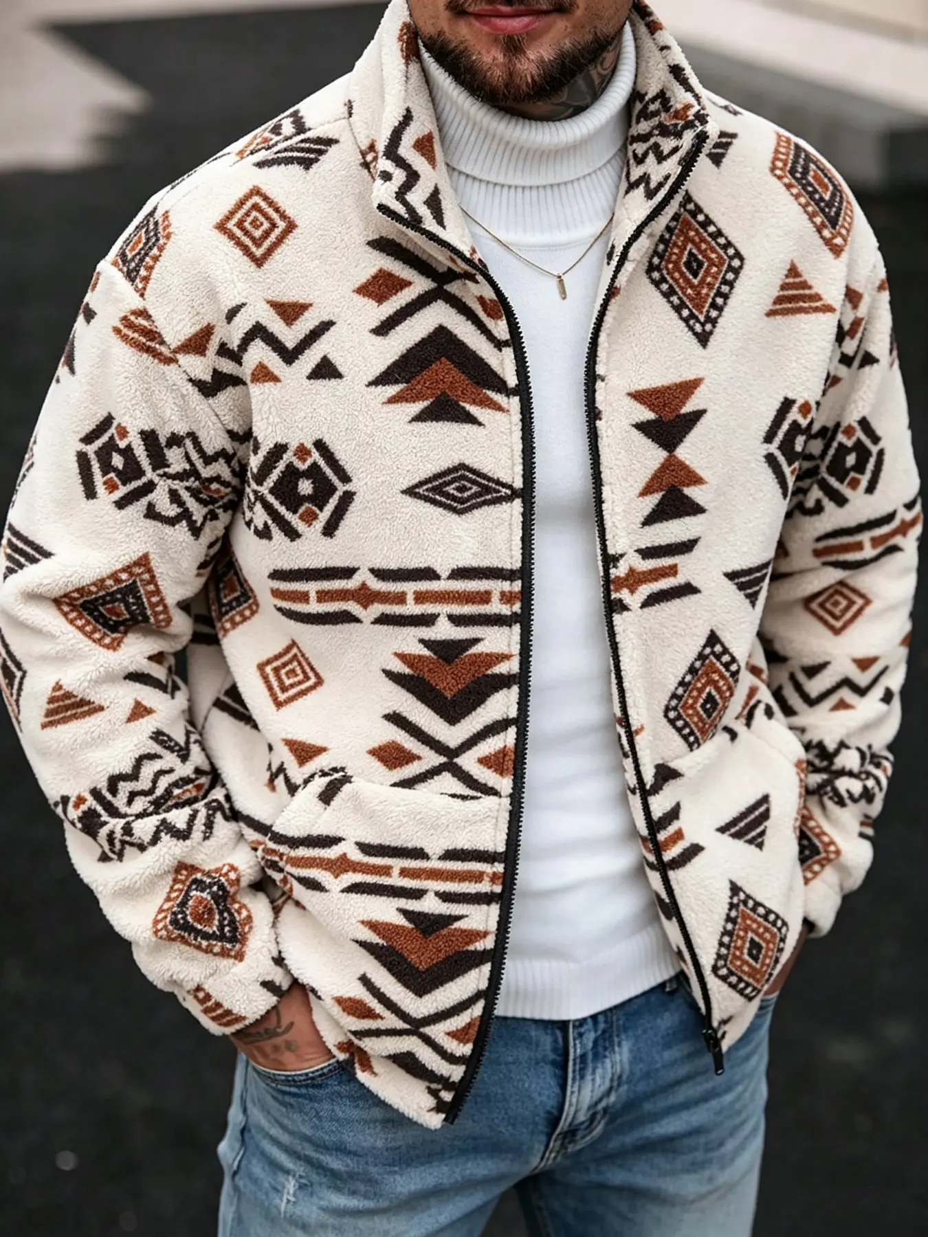 Winter Cozy Fluffy Fleece Jacket for Men, Casual Streetwear Outerwear, Retro Aztec Tribal Pattern, Zip-Up Stand-Collar Plush Outerwear, Ideal for Travel, Camping, Daily Wear
