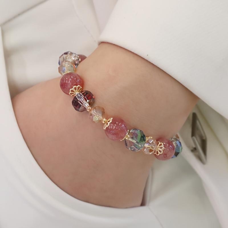 [Strawberry Beaded Bracelet] Elegant Strawberry and Artificial Beaded Bracelet - 1pc Unisex Fashion Jewelry, Unplated for Daily Wear & Campus Use, Suitable for All Seasons
