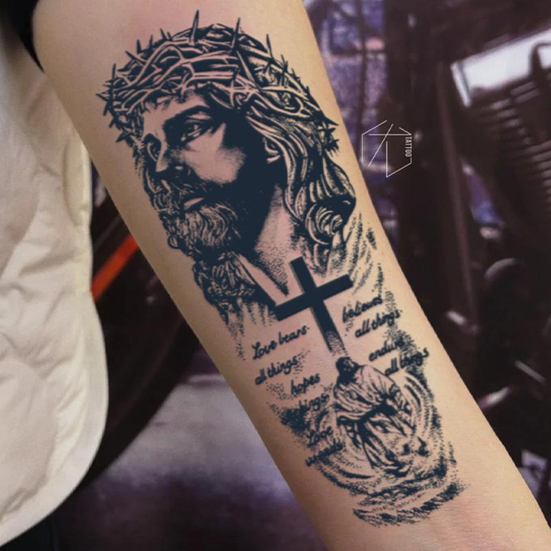 Jesus Cross Waterproof Temporary Tattoo, Lasts 1-2 Weeks, Herbal Ink, Realistic Non-Reflective Designs for Arms & Legs, Sticker Tattoos