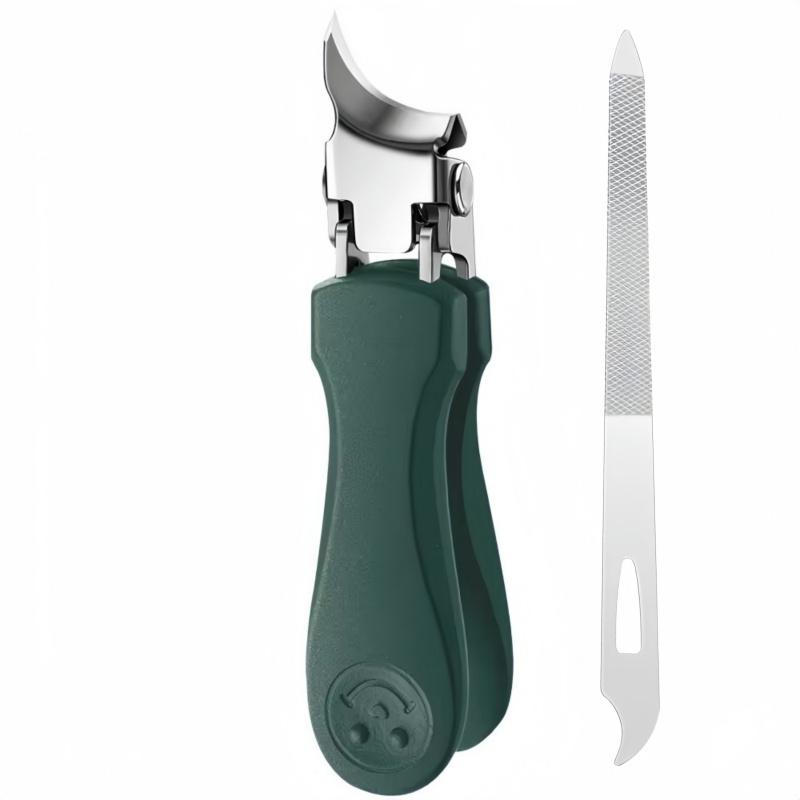 2-piece set of splash proof large opening nail clippers, designed with a slanted mouth specifically for toenails, paired with nail files for a cleaner and more worry free trimming of thick and embedded nails