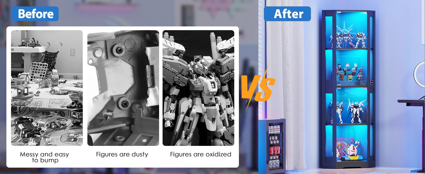 MIIFUNY 65" Corner Glass Display Cabinet with LED Lights, 4-Tier Showcase Display Case with Glass Doors & Human Body Sensor for Collectibles, Black