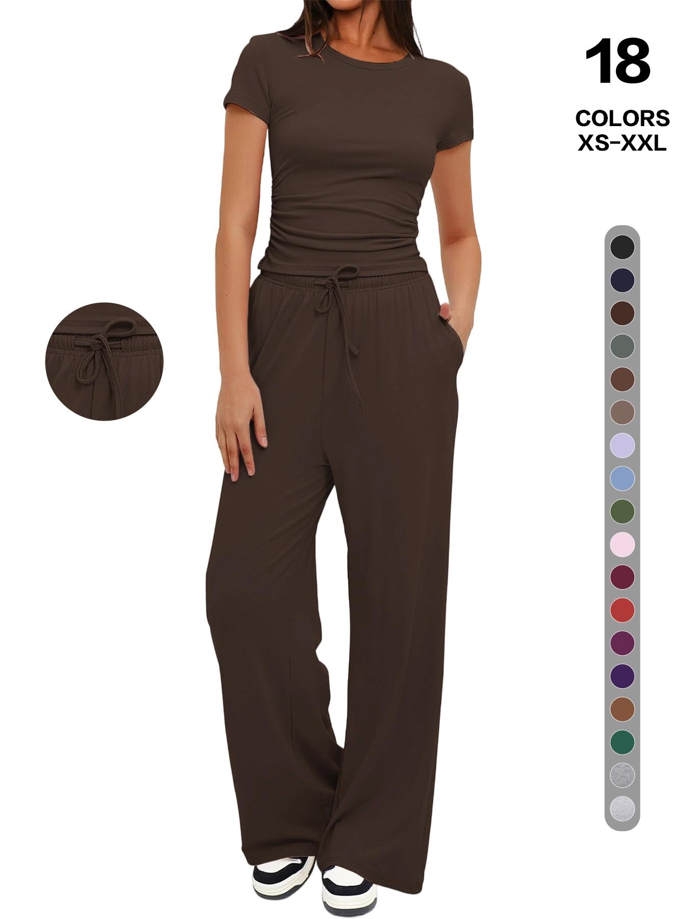 2026 Women's Solid Round Neck Short Tee and Pants, 2- or 6-Piece Set, Casual Comfy Elastic Pajama Set for Women, Cozy Loungewear for Daily Home Wear