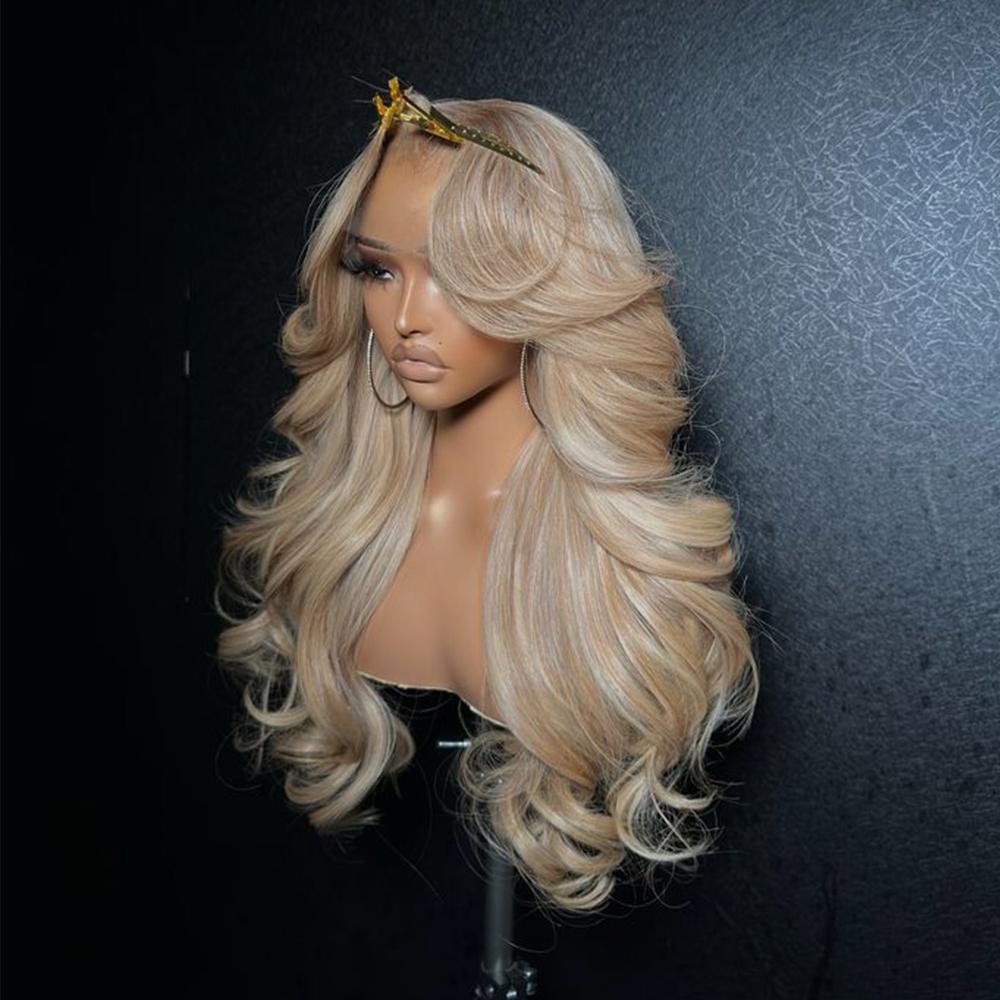 200% Density Ash Blonde Milk Tea Human Hair Lace Front Wig Body Wave 13X6 HD Transparent Lace Frontal Wig Glueless With Band Beginer Friendly Ombre Blonde Human Hair Wigs Pre Plucked Natural Hairline With Baby Hair SpringStatements