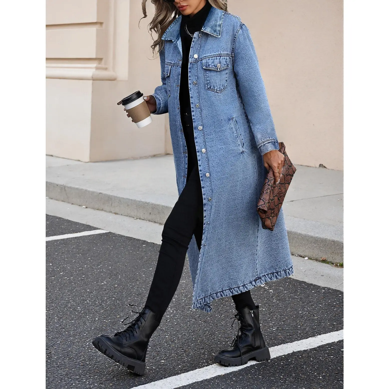Women's Long Denim Jacket, Button Front Maxi Jean Coat with Pockets, Long Sleeve Washed Denim Duster Jacket, Casual Loose Fit Fall Winter Streetwear Outerwear for Women