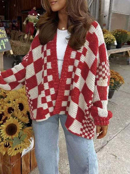 Women's Plaid Knit Cardigan, Lantern Sleeve Loose-Fitting Sweater, Casual Fall & Winter Fashion, Unique Design, New Arrival
