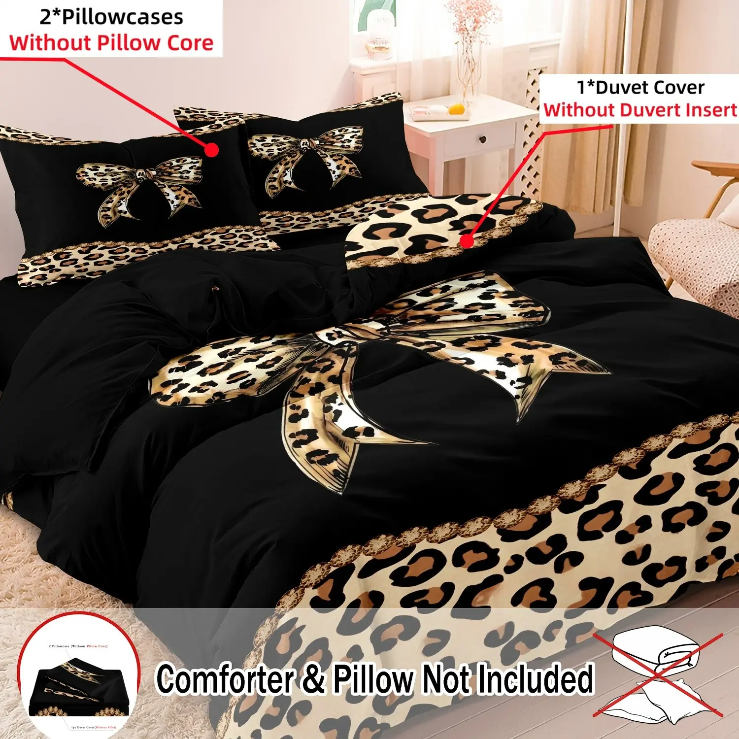 3pcs Fashion Leopard Bow Print Duvet Cover Set, 1 Duvet Cover + 2 Pillowcases (No Pillow Inserts), High-Definition Print For Home & Dorm, Dorm Essentials, Bedroom Set, Trendy Design, Machine Washable