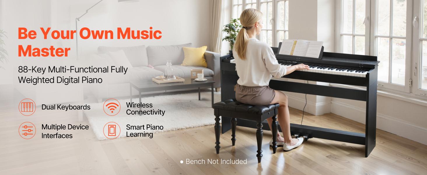 VEVOR Weighted Digital Piano, 88 Keys Fully Weighted, Electric Piano Keyboard with Furniture Stand, Power Adapter, Triple Pedal, 680 Tones, Support Wireless Connection, with Headphones, for Beginners