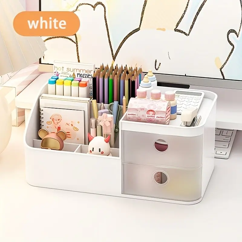 Desktop Organizer with 6 Compartments and 2 Drawers, Large Capacity Pen Holder Storage Box, Plastic Desk Organizer for Office, Home, Bedroom, Study Room, School Supplies and Daily Storage