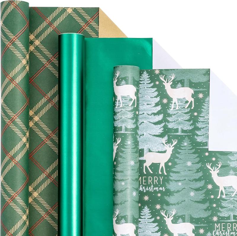 RUSPEPA 3 Rolls Christmas Wrapping Paper Set | Plaid, Solid Colors & Reindeer Christmas Tree Patterns - Ideal for Parties, Decor, Gift Wrapping, DIY Crafts, Xmas Gifts, Family Gatherings, Holiday Decor, Festive Wrapping - 17 x 120 inches