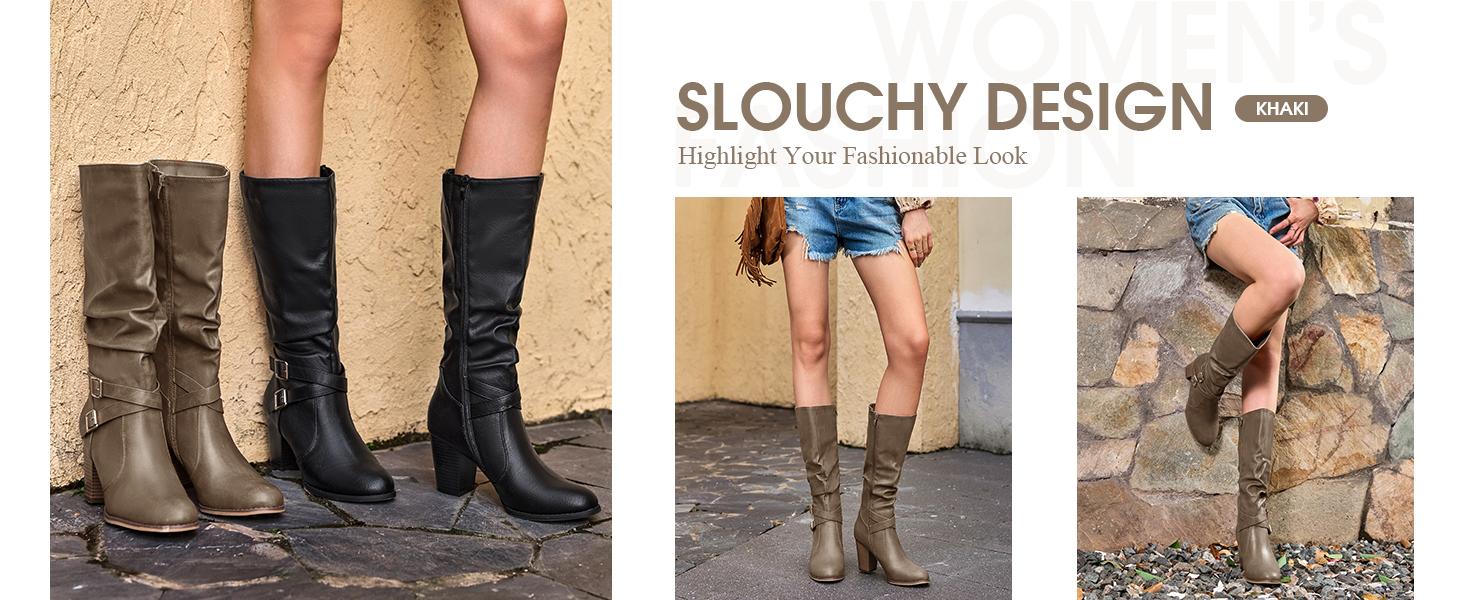 Coutgo Womens Mid Knee High Boots Chunky Heel Slouchy Metal Buckle Side Zipper Fashion Winter Shoes