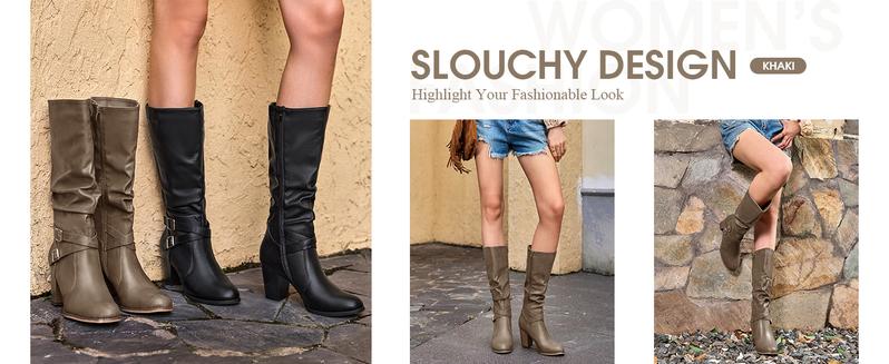 Coutgo Womens Mid Knee High Boots Chunky Heel Slouchy Metal Buckle Side Zipper Fashion Winter Shoes