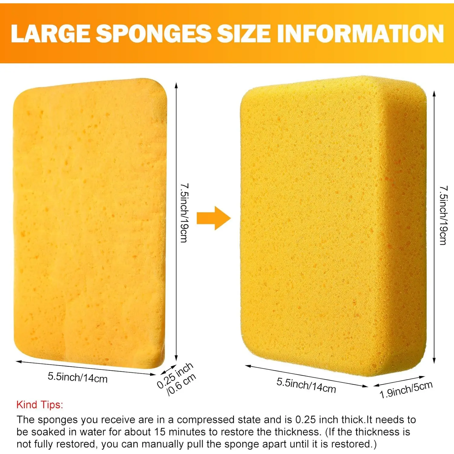 Large Sponge 7.5 x 5.5 x 1.9 inches Plastering Car Wash Foam Cleaning Sponge Commercial Large Multi-Purpose Cleaning Sponge Suitable for Washing Dishes, Cars, Tiles, Bikes (Yellow)