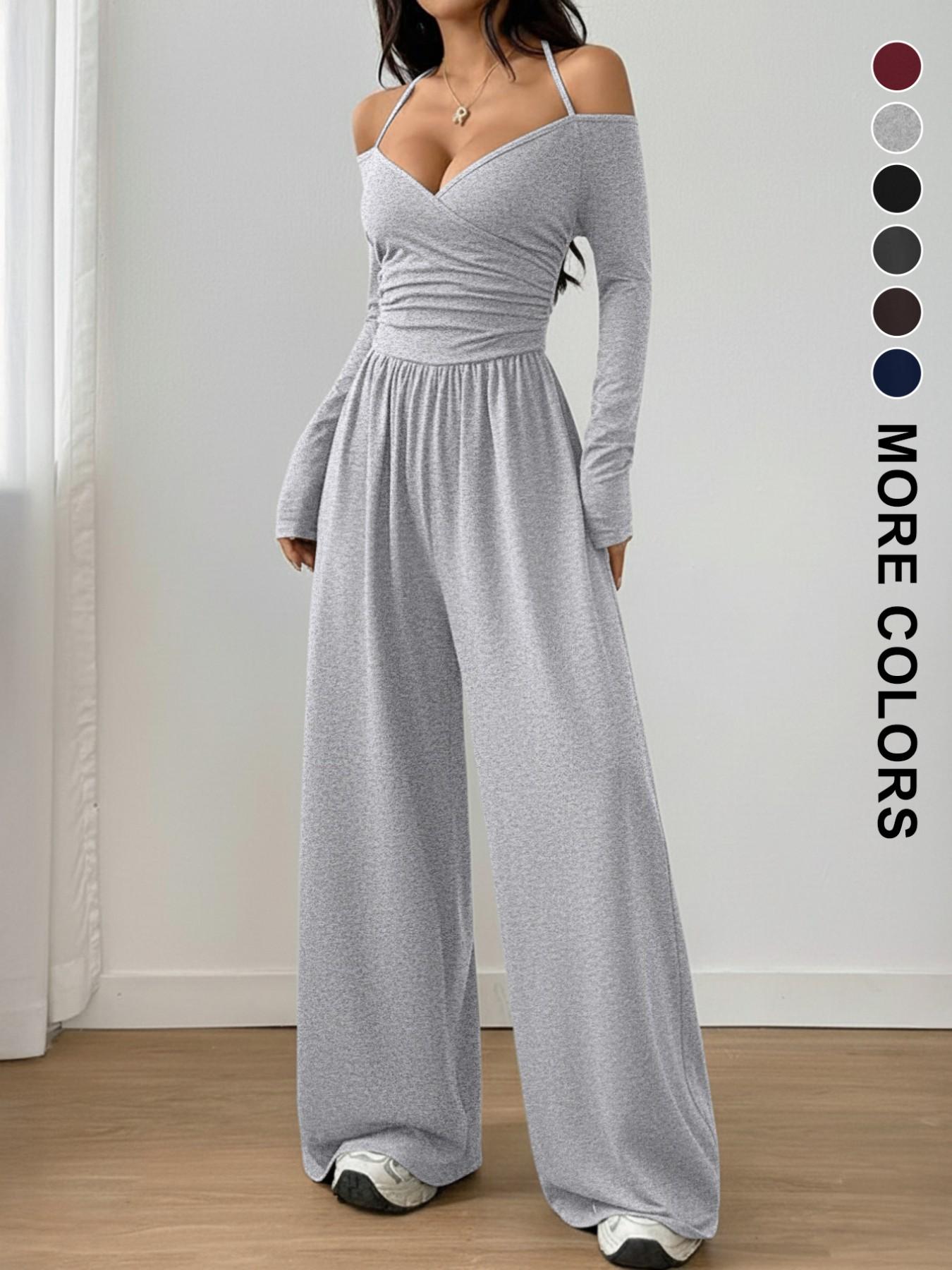 Women's Spring Summer Plain Knit Fashion Design Off-Shoulder Pleated Wide Leg Jumpsuit, Casual Daily Commute Pants, Slim-Fitting