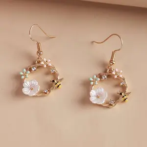 Korean Fashion - Bee Wreath Silvery Needle Earrings - Fairy Shell Flower Earrings