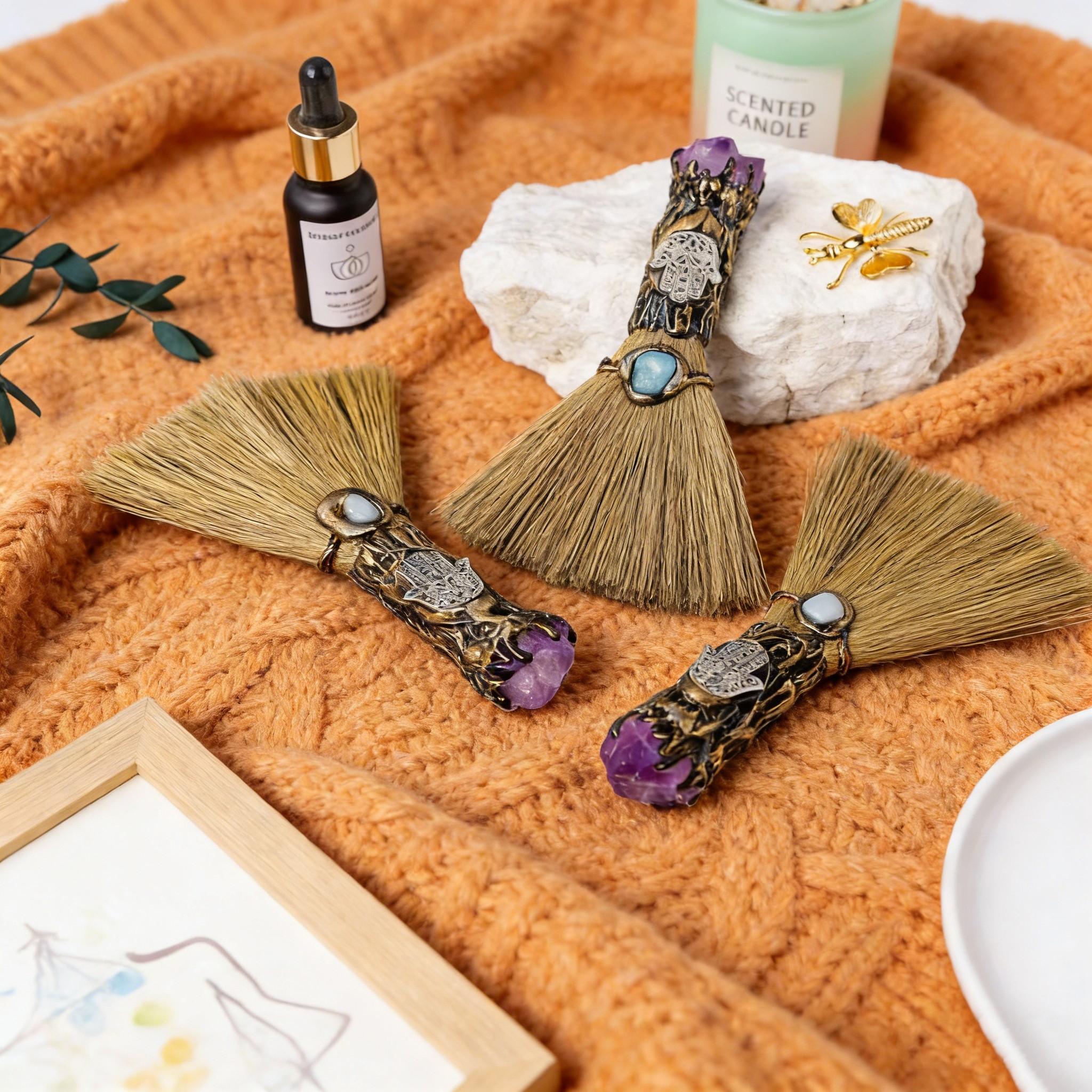 Natural Amethyst Fatima Handheld Mini Witch Broom, Vintage Handmade Magic Broom, Turquoise & Amethyst, Natural Straw Bristles, Healing Energy