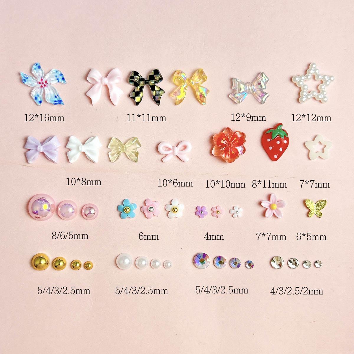 1Box Dopamine Colored Resin Flower Bow Nail Charms Semi-circular Rhinestones Pearl Mini Shell Feather Flakes Mixed Nail Decor DIY Elegant Rhinestone Decorated