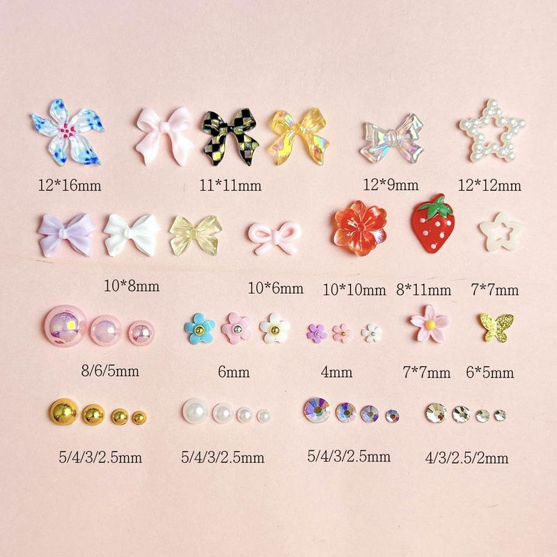 1Box Dopamine Colored Resin Flower Bow Nail Charms Semi-circular Rhinestones Pearl Mini Shell Feather Flakes Mixed Nail Decor DIY Elegant Rhinestone Decorated